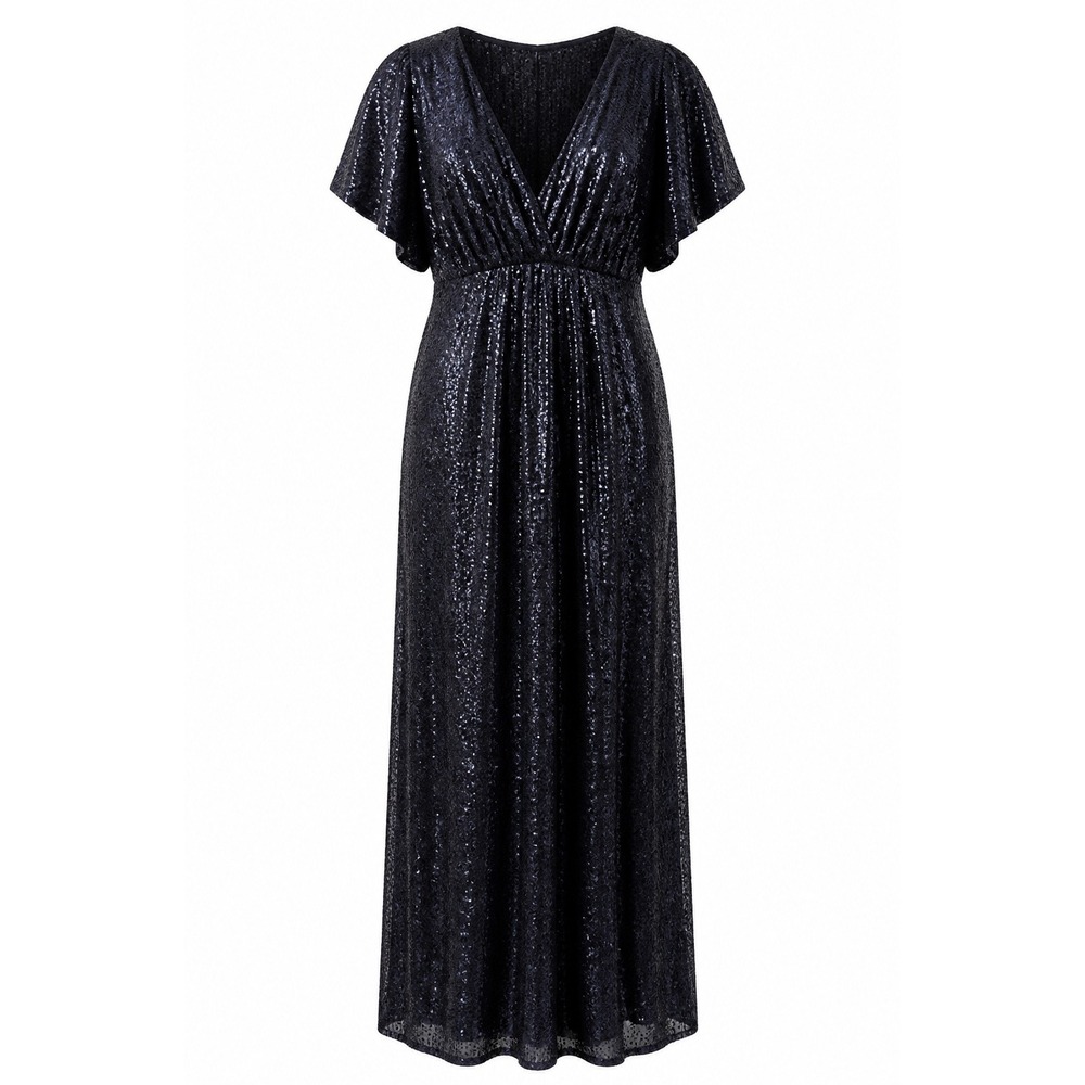 Revelry Sequin Maxi Dress Womens 12 Navy Blue Flutter‎ Sleeve V-Neck Formal Gown